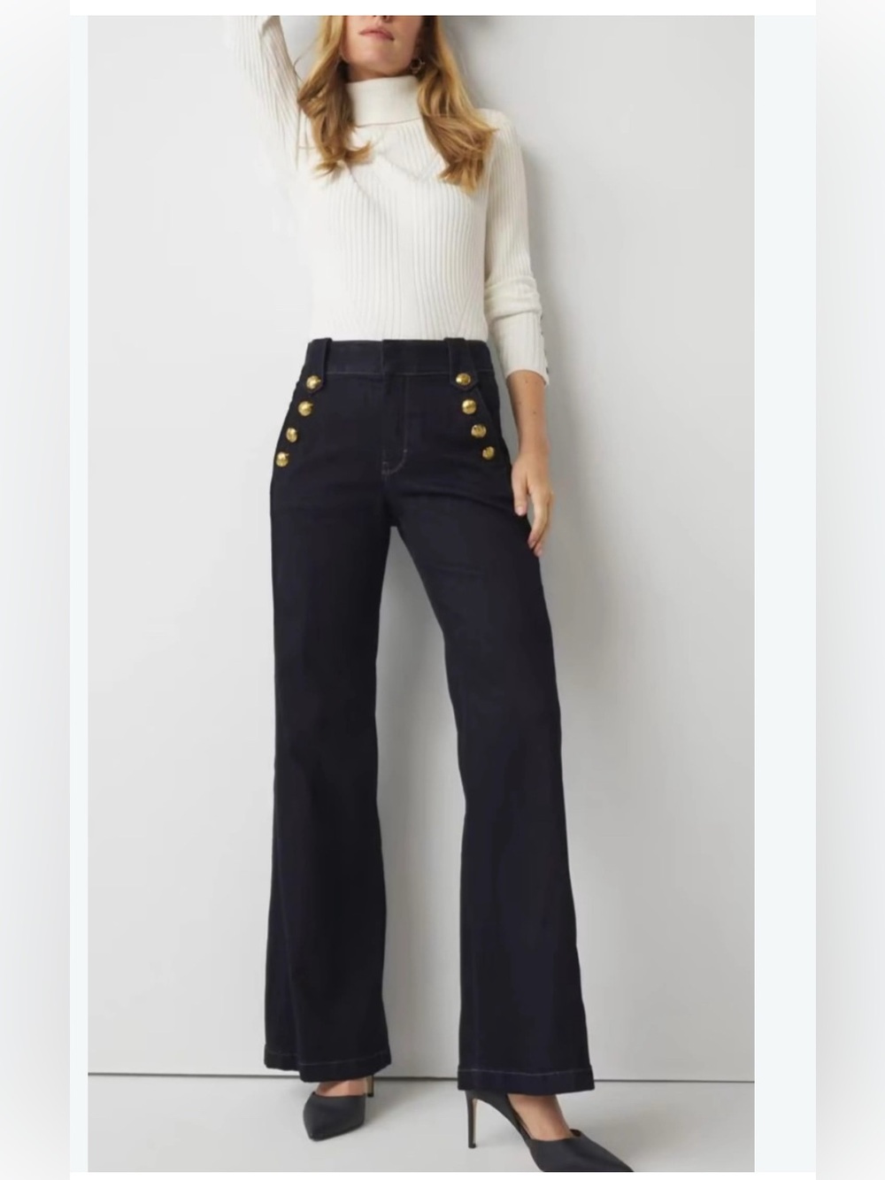 White House Black Market Dark Wide-Leg Jeans with Gold Buttons Size 6L
